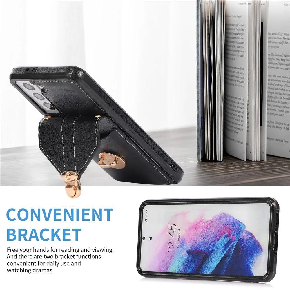 Card Holder Case for Samsung Galaxy S22+ 5G Kickstand PU Leather+TPU Phone Cover with Shoulder Strap - Black - 2