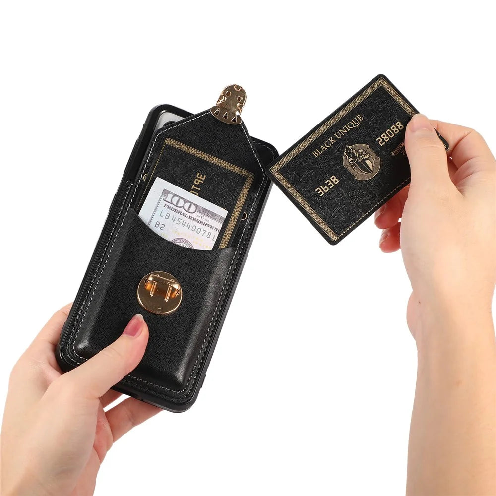 Card Holder Case for Samsung Galaxy S22+ 5G Kickstand PU Leather+TPU Phone Cover with Shoulder Strap - Black - 3