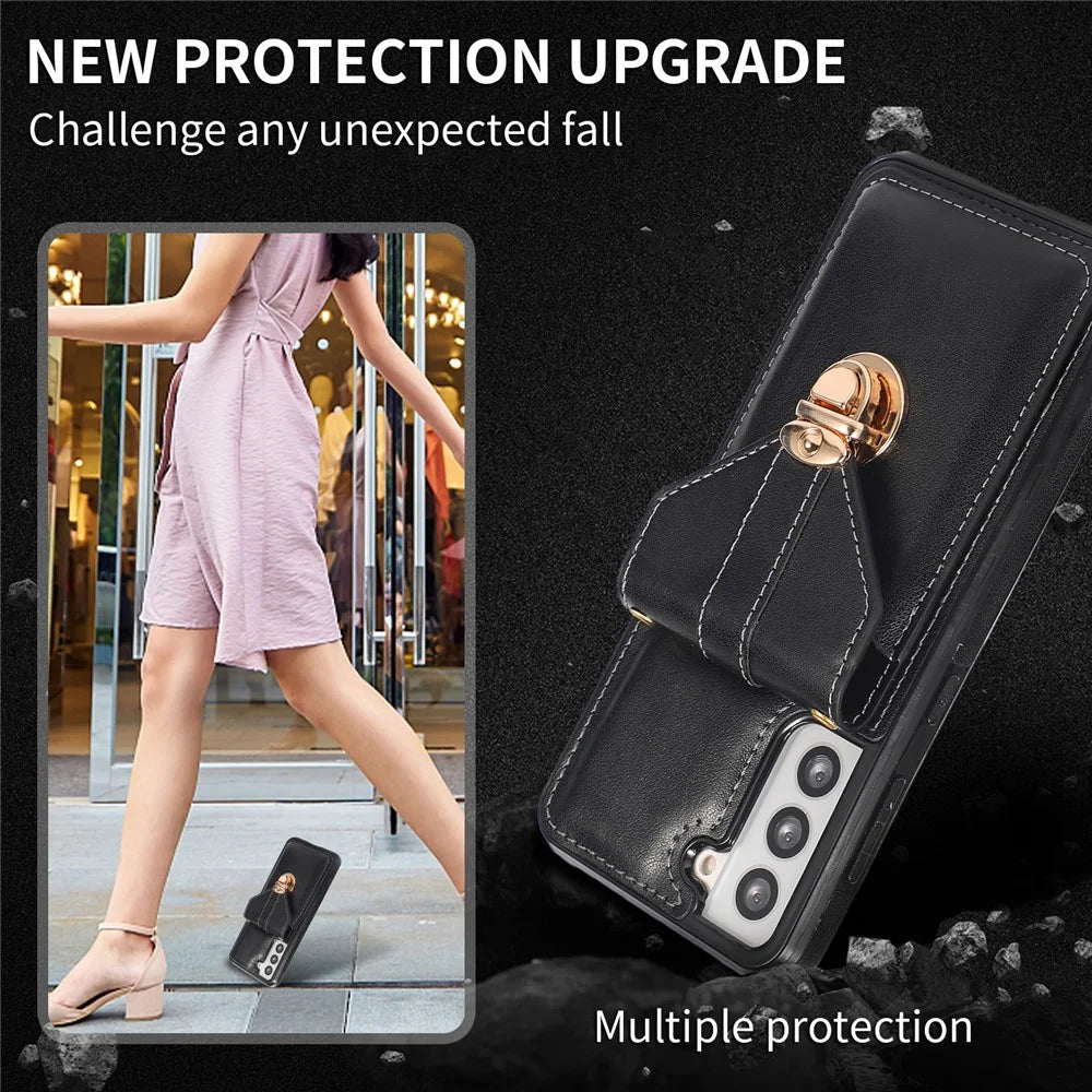 Card Holder Case for Samsung Galaxy S22+ 5G Kickstand PU Leather+TPU Phone Cover with Shoulder Strap - Black - 5