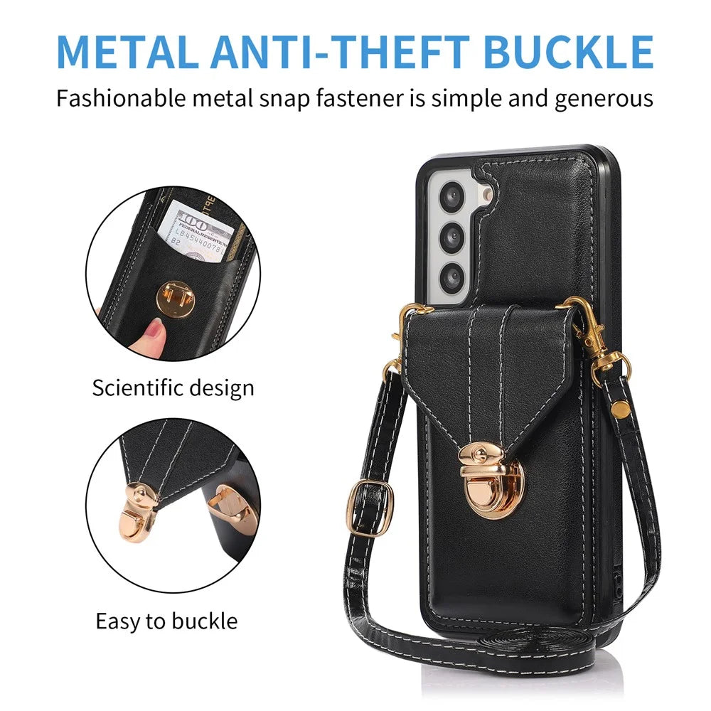 Card Holder Case for Samsung Galaxy S22+ 5G Kickstand PU Leather+TPU Phone Cover with Shoulder Strap - Black - 7