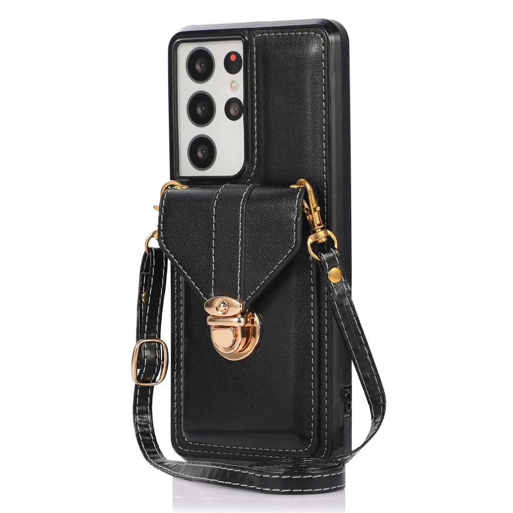 For Samsung Galaxy S21 Ultra 5G Card Holder Kickstand PU Leather+TPU Phone Cover with Shoulder Strap - Black - 1
