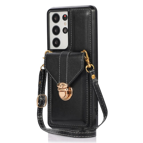 For Samsung Galaxy S21 Ultra 5G Card Holder Kickstand PU Leather+TPU Phone Cover with Shoulder Strap - Black - 1
