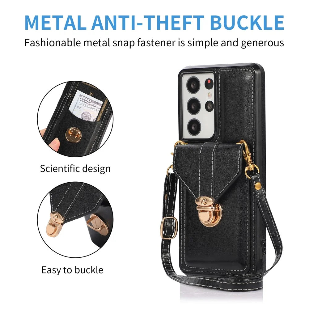 For Samsung Galaxy S21 Ultra 5G Card Holder Kickstand PU Leather+TPU Phone Cover with Shoulder Strap - Black - 7