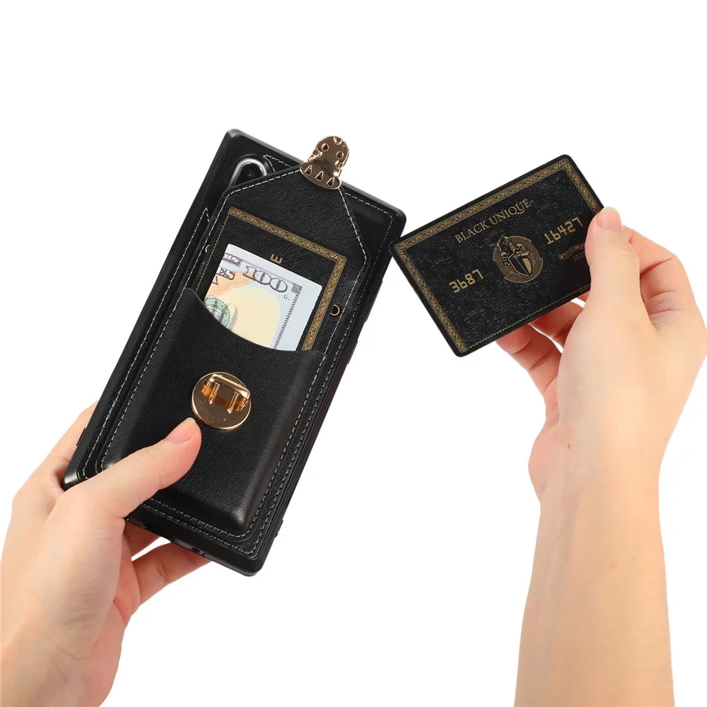 For Samsung Galaxy Note 10 Plus 5G Card Holder Back Case PU Leather+TPU Phone Cover with Kickstand - Black - 3