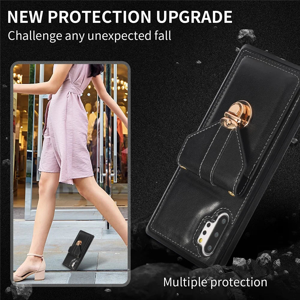 For Samsung Galaxy Note 10 Plus 5G Card Holder Back Case PU Leather+TPU Phone Cover with Kickstand - Black - 5