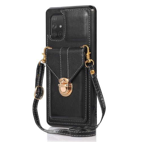 For Samsung Galaxy A51 4G SM-A515 Kickstand Phone Cover Card Holder Back Protector PU Leather+TPU Case - Black - 1