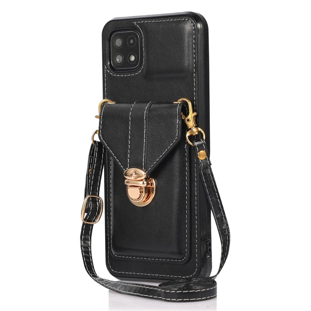 Back Protector for Samsung Galaxy A22 5G (EU Version) Kickstand Phone Cover Card Holder PU Leather+TPU Case - Black - 1