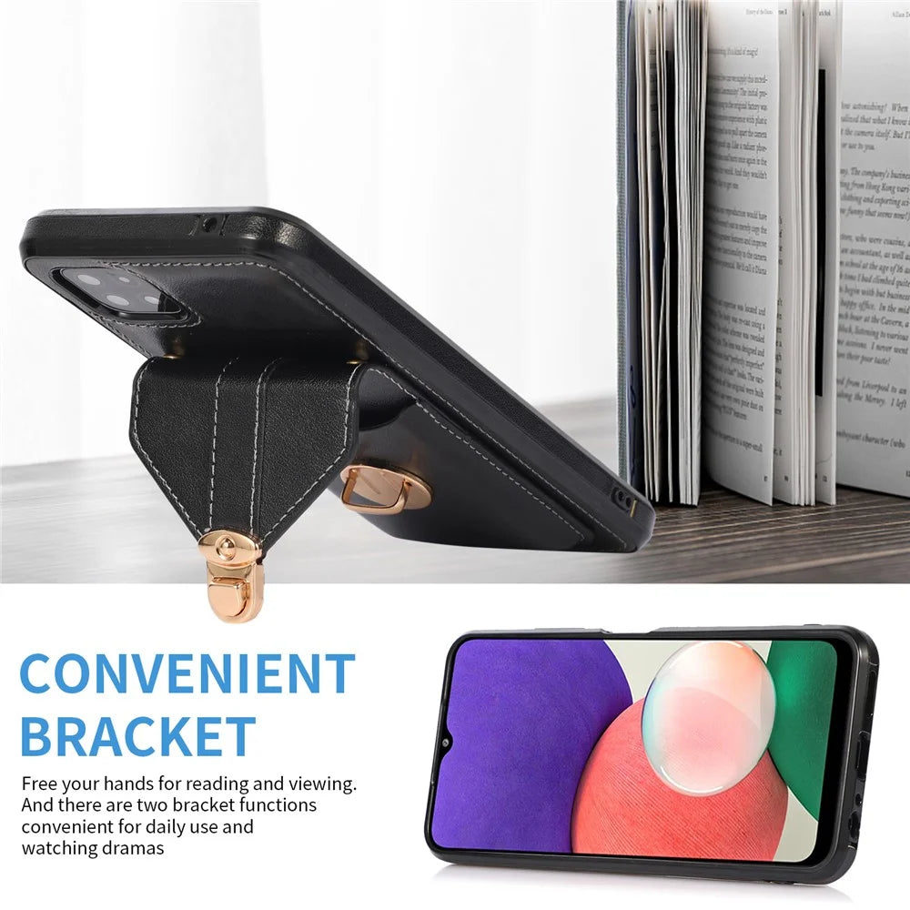 Back Protector for Samsung Galaxy A22 5G (EU Version) Kickstand Phone Cover Card Holder PU Leather+TPU Case - Black - 2