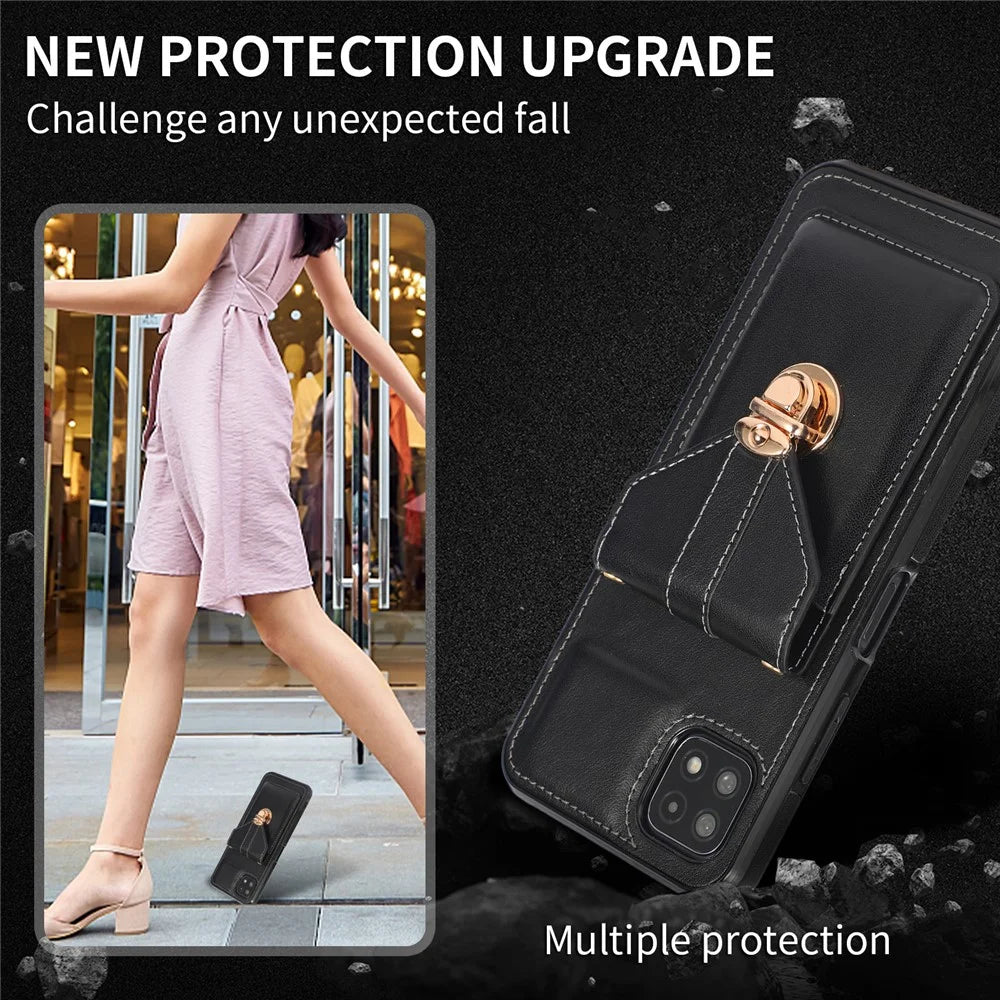 Back Protector for Samsung Galaxy A22 5G (EU Version) Kickstand Phone Cover Card Holder PU Leather+TPU Case - Black - 5