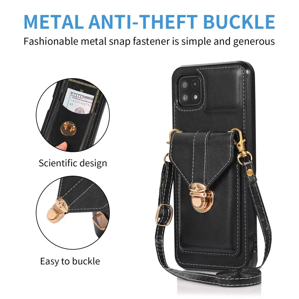 Back Protector for Samsung Galaxy A22 5G (EU Version) Kickstand Phone Cover Card Holder PU Leather+TPU Case - Black - 7