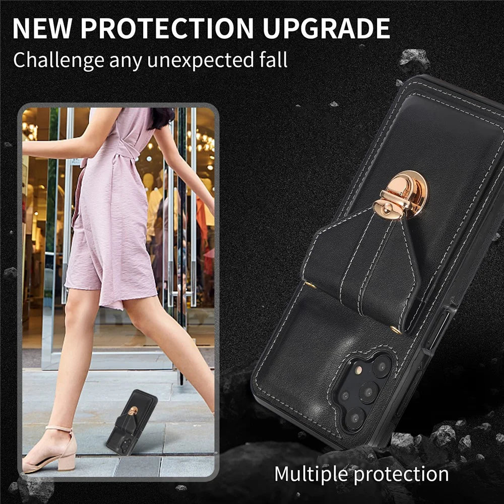 Card Holder Case for Samsung Galaxy A32 5G / M32 5G Shockproof Kickstand PU Leather+TPU Phone Cover - Black - 5