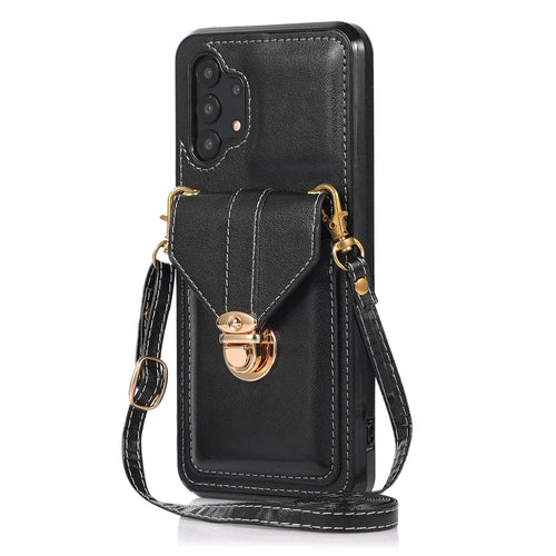 For Samsung Galaxy A32 4G (EU Version) Card Holder Case PU Leather+TPU Phone Cover with Kickstand - Black - 1