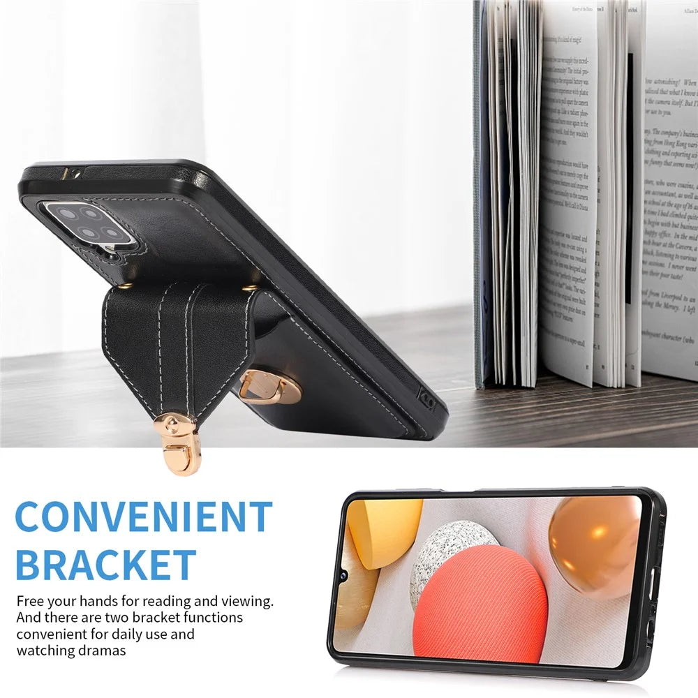 For Samsung Galaxy A12 Protective Case, Card Holder Kickstand PU Leather+TPU Phone Cover - Black - 2