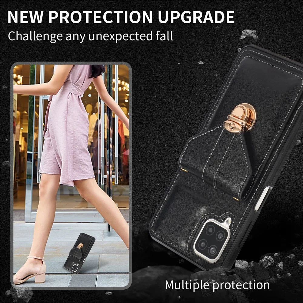 For Samsung Galaxy A12 Protective Case, Card Holder Kickstand PU Leather+TPU Phone Cover - Black - 5