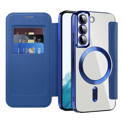 Card Holder Phone Case for Samsung Galaxy S22 5G Magnetic Case Leather+TPU RFID Blocking Phone Cover - Sapphire - 1