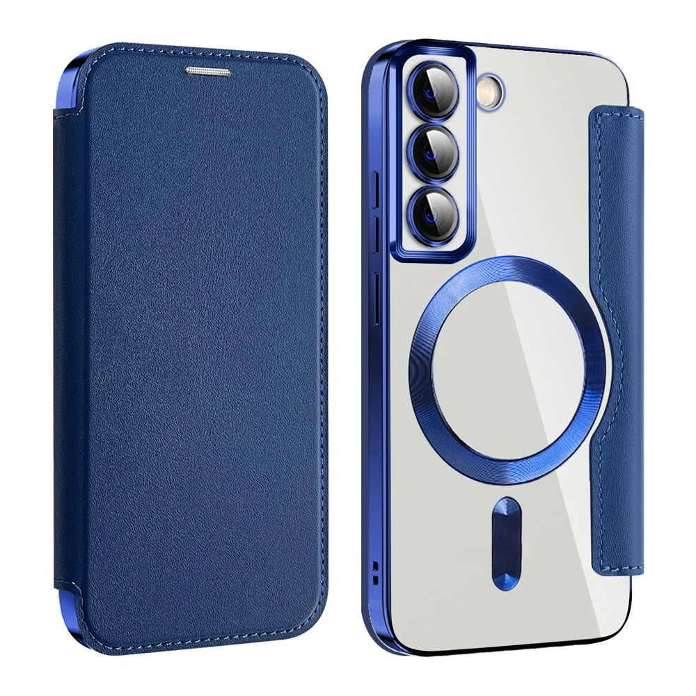 Card Holder Phone Case for Samsung Galaxy S22 5G Magnetic Case Leather+TPU RFID Blocking Phone Cover - Sapphire - 2