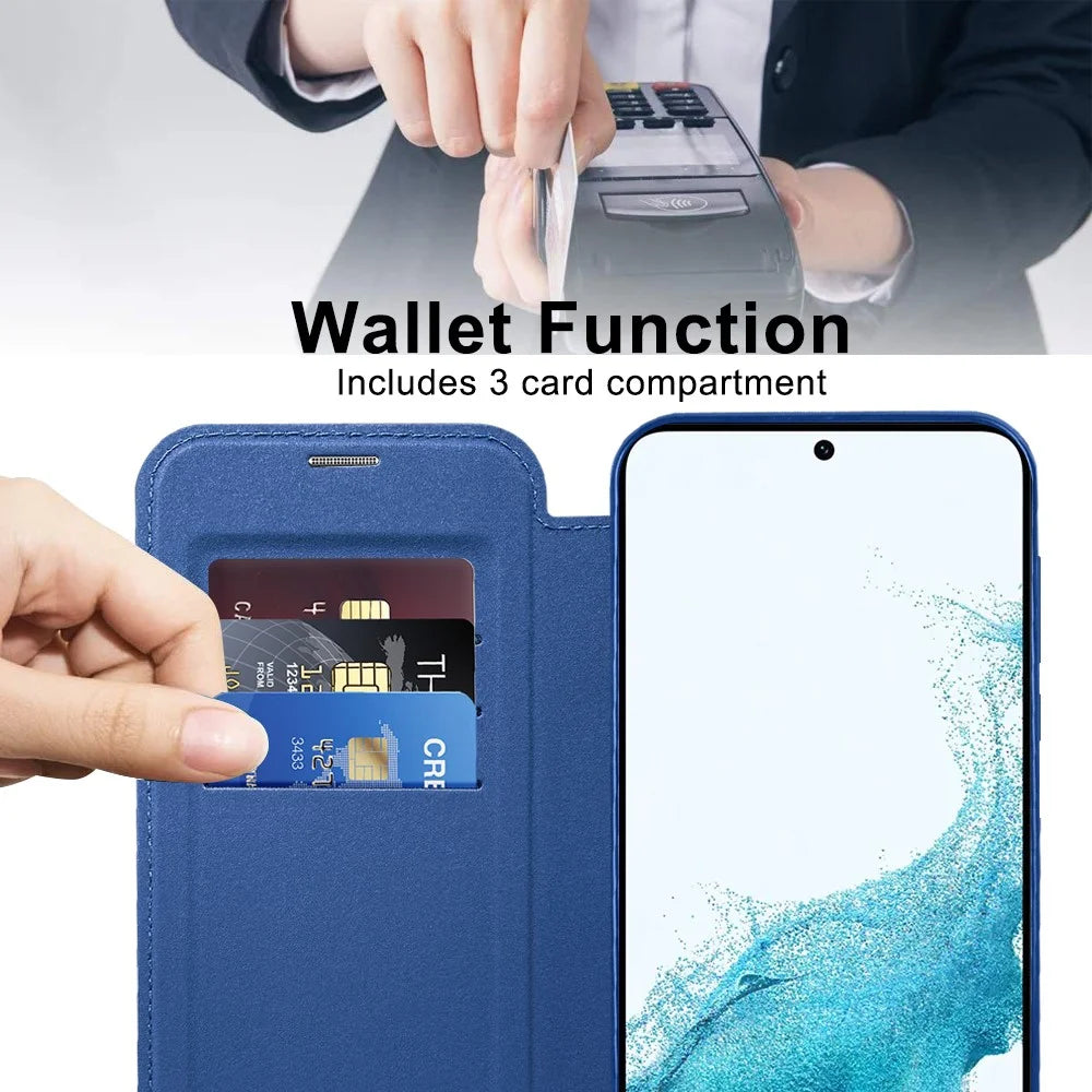 Card Holder Phone Case for Samsung Galaxy S22 5G Magnetic Case Leather+TPU RFID Blocking Phone Cover - Sapphire - 3