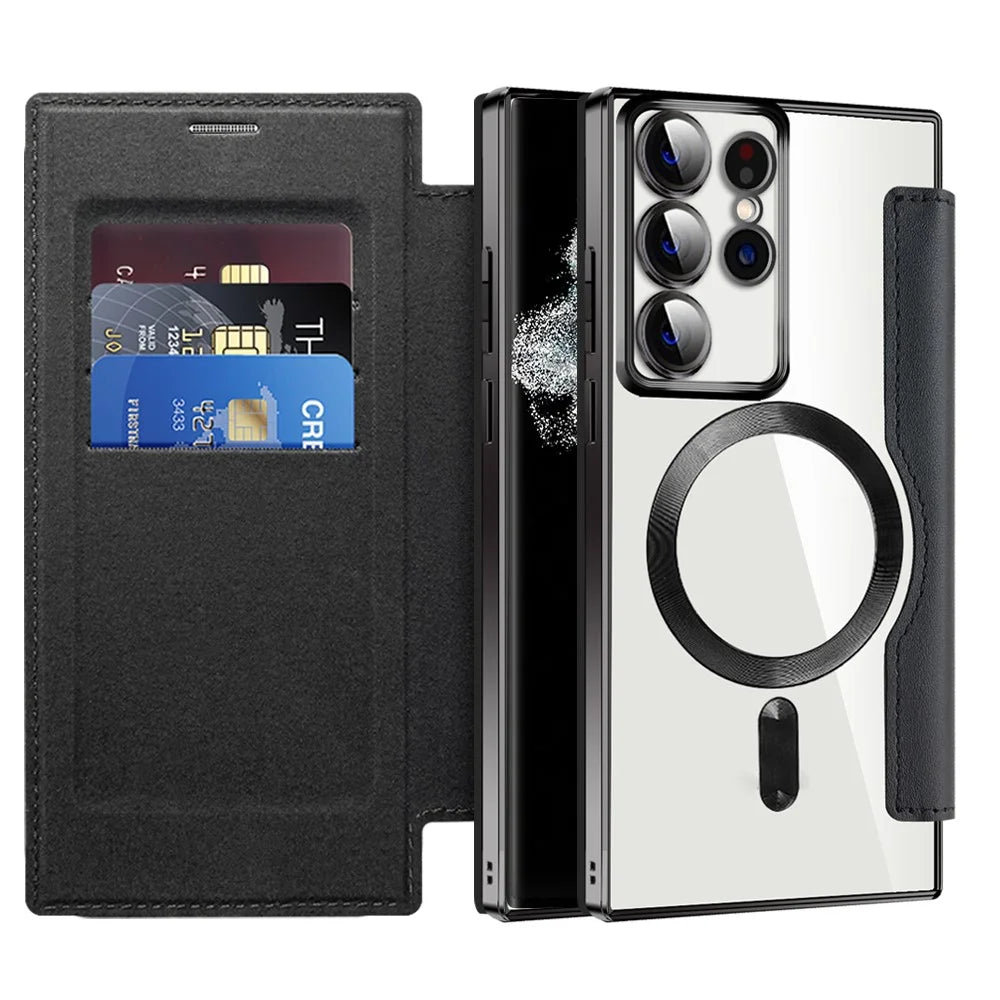 For Samsung Galaxy S22 Ultra 5G RFID Blocking Card Holder Case Magnetic Case Leather+TPU Phone Cover - Black - 1