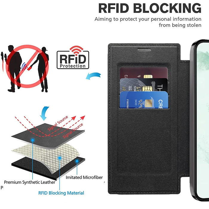 For Samsung Galaxy S22 Ultra 5G RFID Blocking Card Holder Case Magnetic Case Leather+TPU Phone Cover - Black - 5