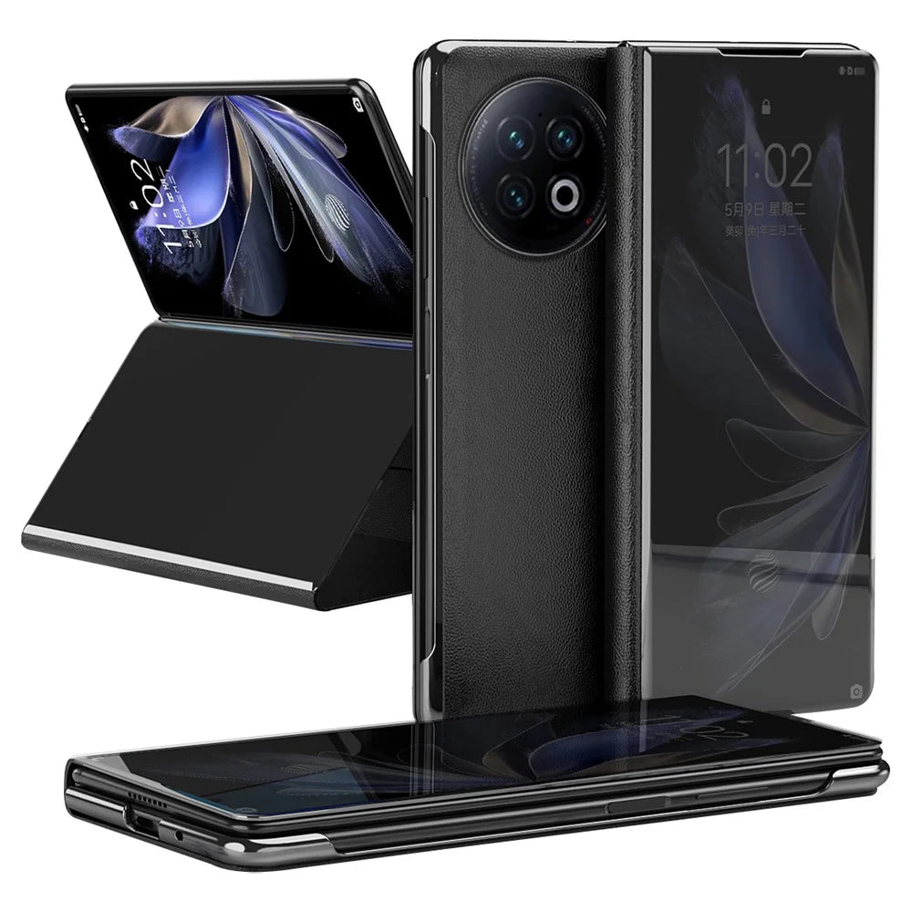 For vivo X Fold2 PU Leather Mirror Surface Phone Case Electroplating Stand Shockproof Cover - Black - 1