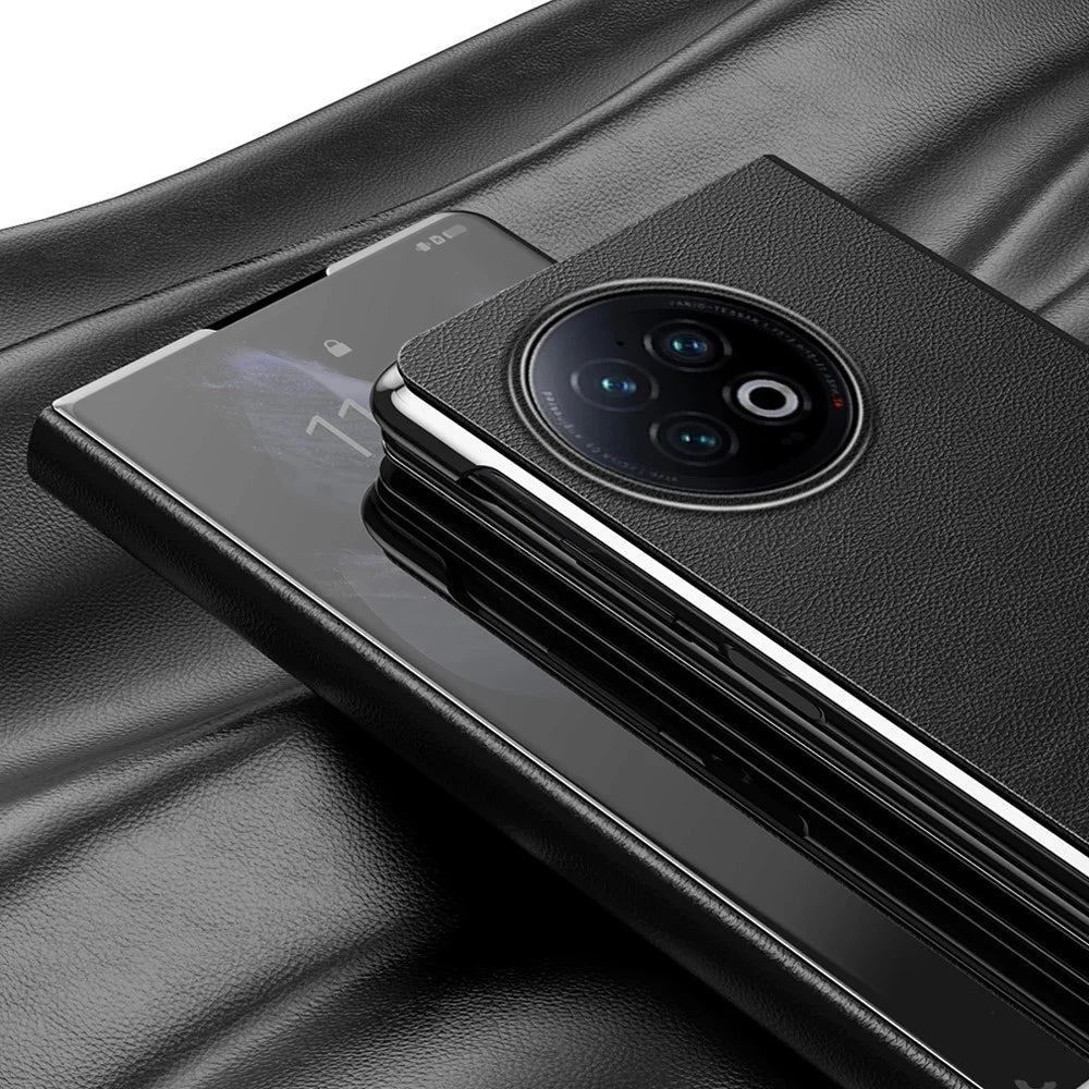 For vivo X Fold2 PU Leather Mirror Surface Phone Case Electroplating Stand Shockproof Cover - Black - 3