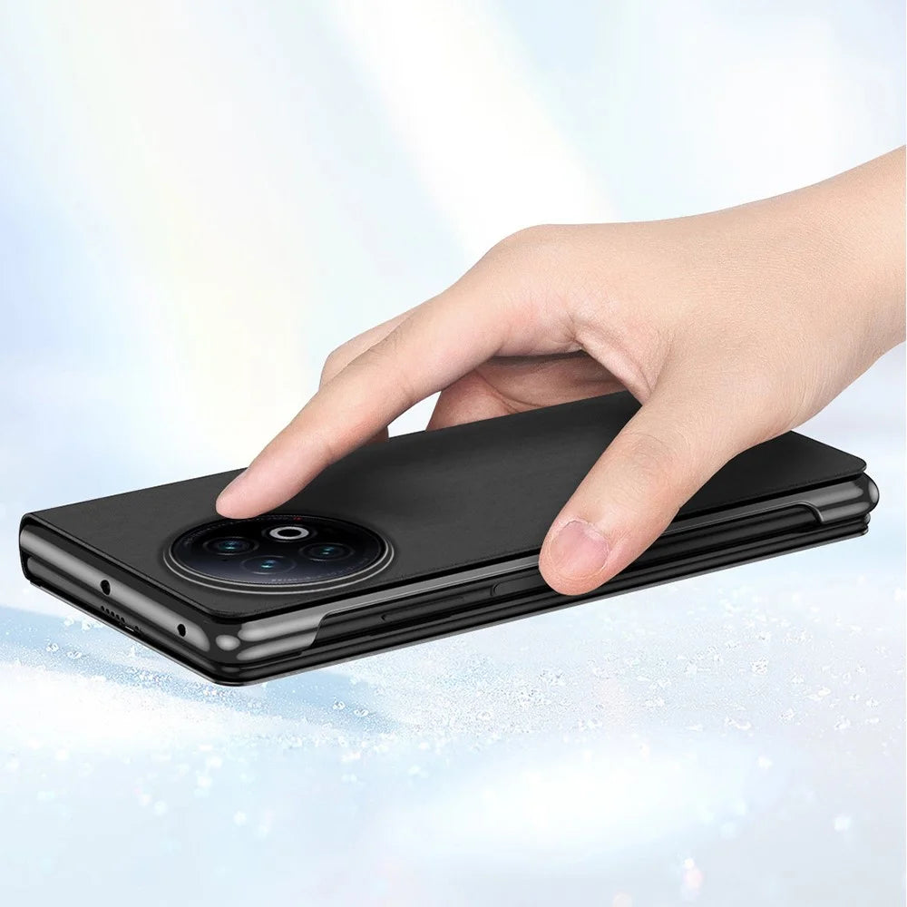 For vivo X Fold2 PU Leather Mirror Surface Phone Case Electroplating Stand Shockproof Cover - Black - 4