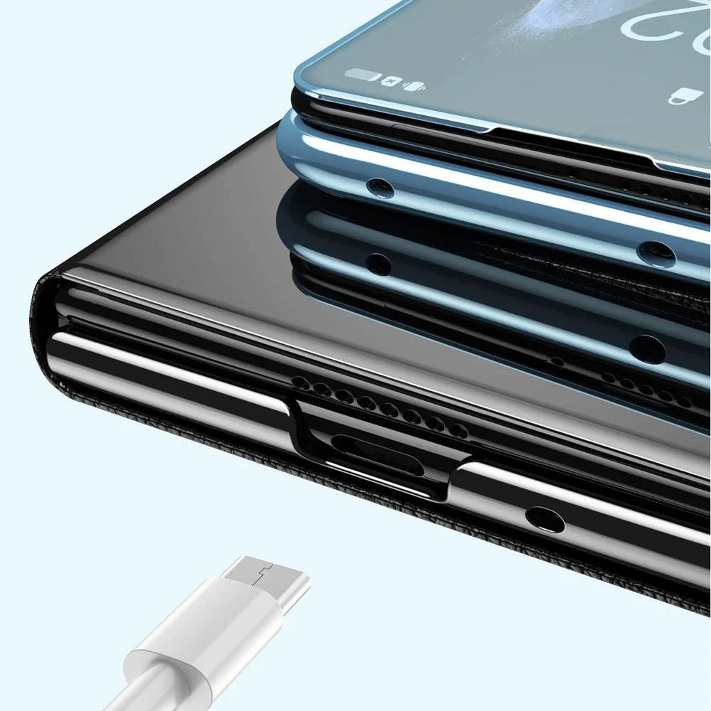 For vivo X Fold2 PU Leather Mirror Surface Phone Case Electroplating Stand Shockproof Cover - Black - 5