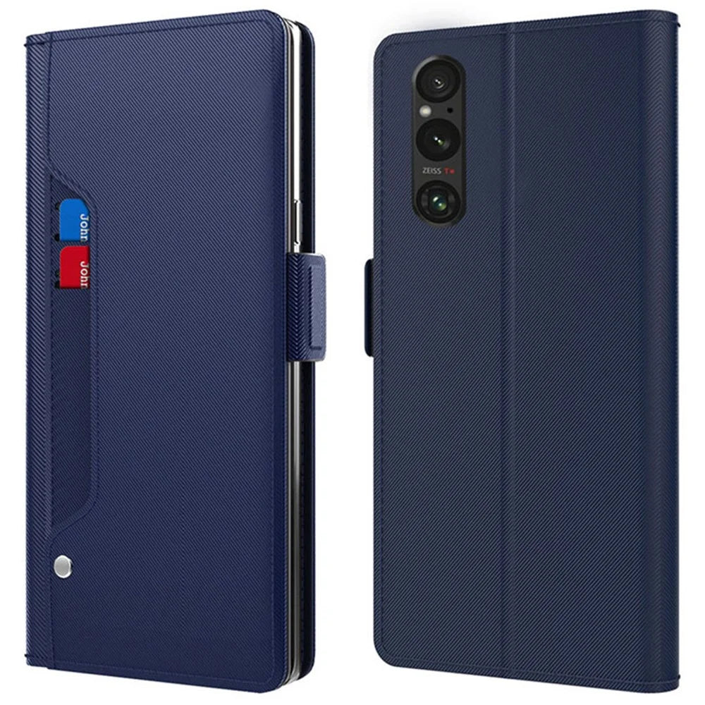 For Sony Xperia 1 V Shockproof Leather Case Mirror Design Stand Card Holder Phone Cover - Blue - 1