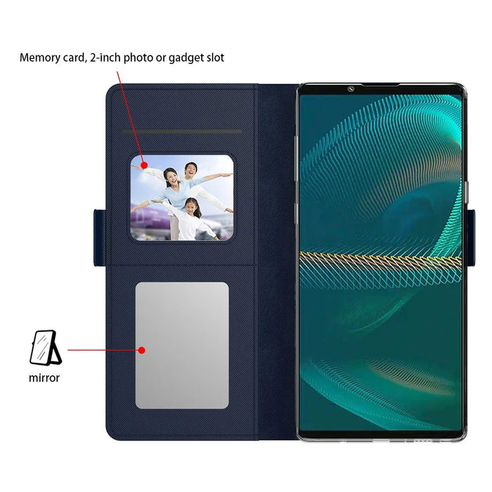 For Sony Xperia 1 V Shockproof Leather Case Mirror Design Stand Card Holder Phone Cover - Blue - 2