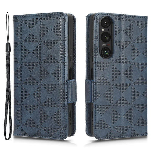For Sony Xperia 1 V Cell Phone Cover Stand Wallet Imprinted Triangle PU Leather Phone Case - Blue - 1