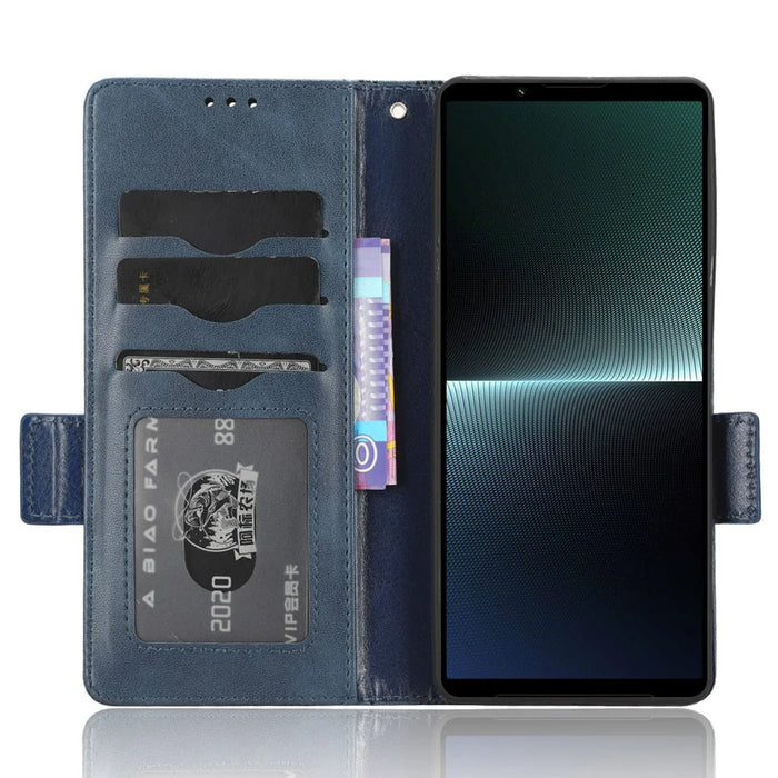 For Sony Xperia 1 V Cell Phone Cover Stand Wallet Imprinted Triangle PU Leather Phone Case - Blue - 2