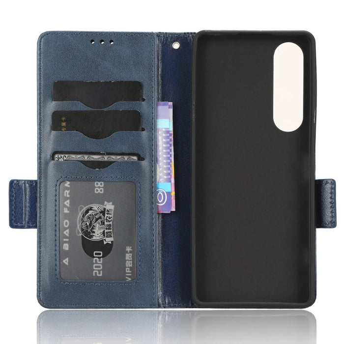 For Sony Xperia 1 V Cell Phone Cover Stand Wallet Imprinted Triangle PU Leather Phone Case - Blue - 4