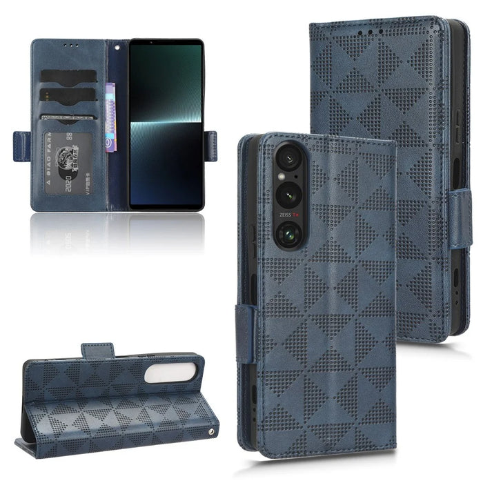 For Sony Xperia 1 V Cell Phone Cover Stand Wallet Imprinted Triangle PU Leather Phone Case - Blue - 7