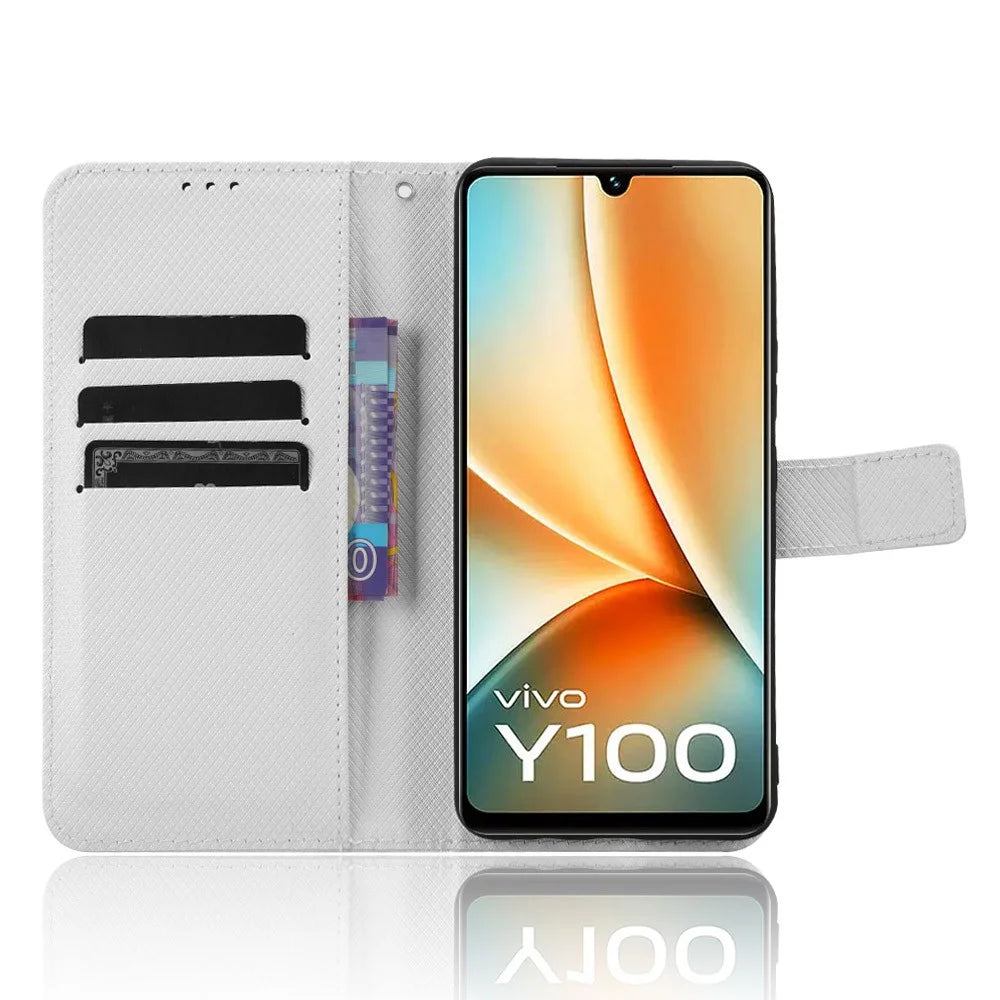 For vivo Y100 5G / T2 5G PU Leather Wallet Case Diamond Texture Flip Stand Phone Cover - White - 2