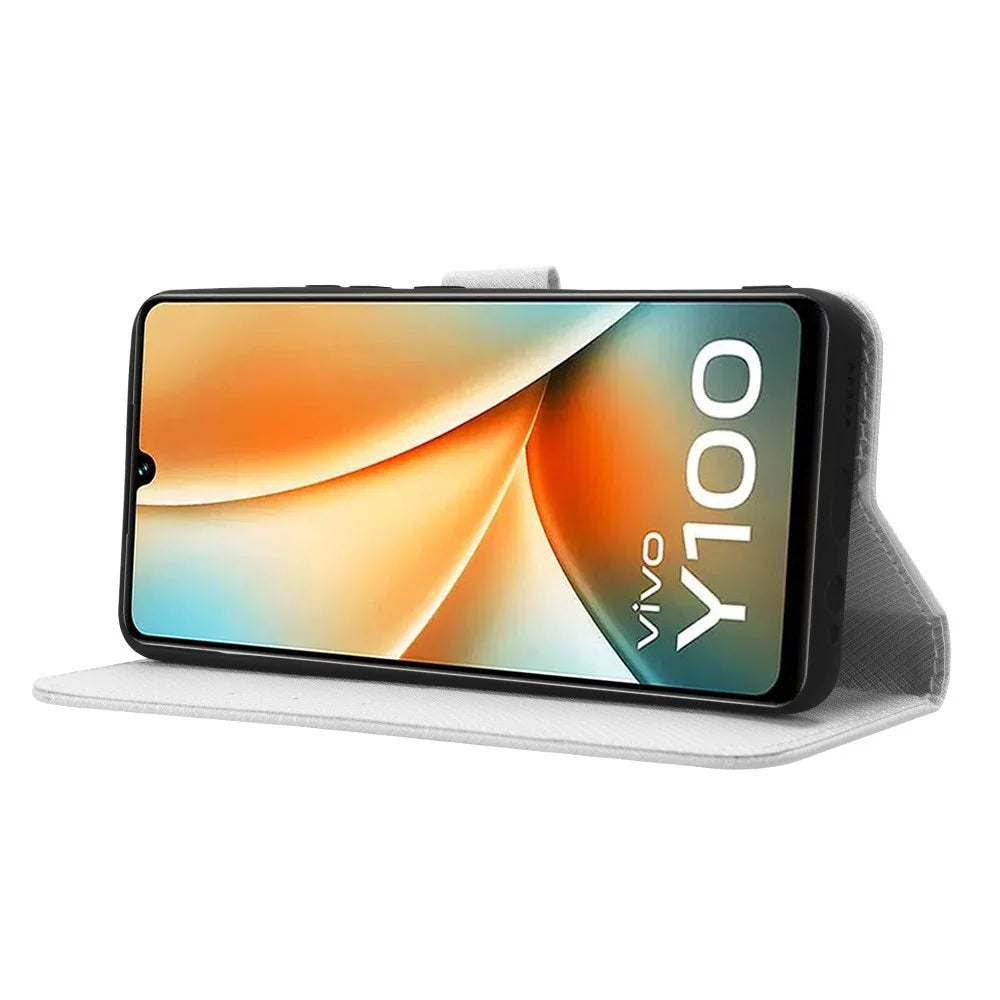 For vivo Y100 5G / T2 5G PU Leather Wallet Case Diamond Texture Flip Stand Phone Cover - White - 3