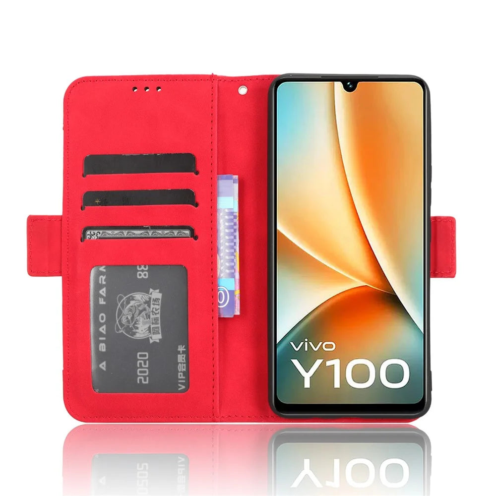 For vivo Y100 5G / T2 5G Multiple Card Slots Drop-proof PU Leather Phone Case Stand Wallet Cover - Red - 3