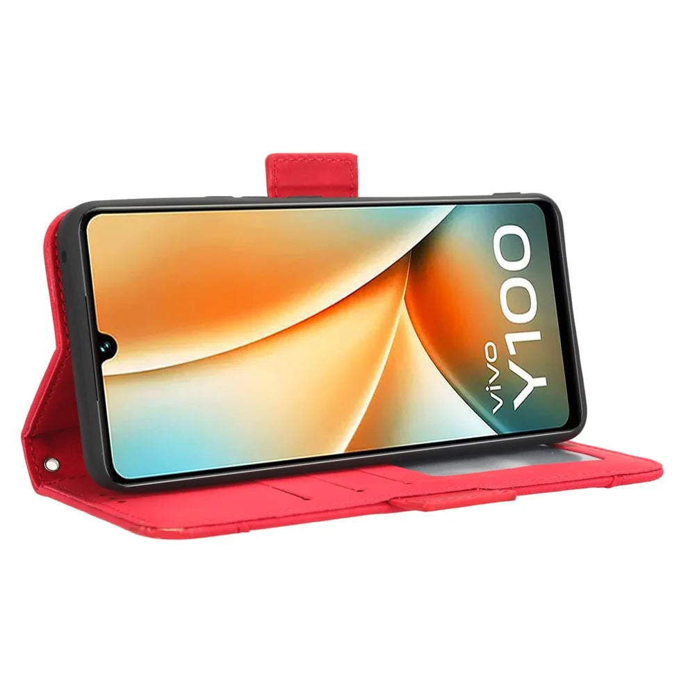 For vivo Y100 5G / T2 5G Multiple Card Slots Drop-proof PU Leather Phone Case Stand Wallet Cover - Red - 4