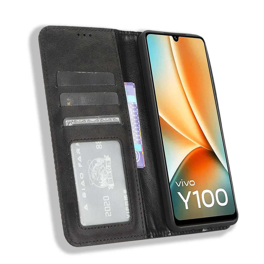 For vivo Y100 5G / T2 5G Magnetic Closing PU Leather Anti-drop Case Stand Wallet Phone Cover - Black - 3