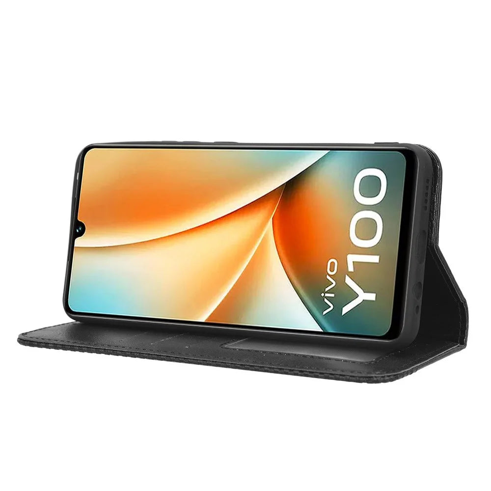 For vivo Y100 5G / T2 5G Magnetic Closing PU Leather Anti-drop Case Stand Wallet Phone Cover - Black - 4