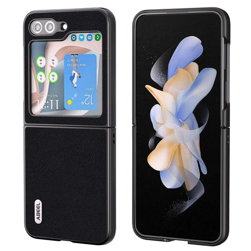 ABEEL For Galaxy Z Flip5 5G Genuine Cow Leather + Hard PC Shell Matte Black Edge Phone Case Cover - Black - 1