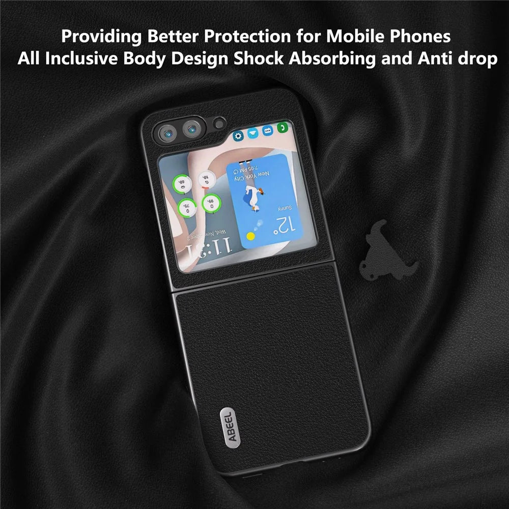 ABEEL For Galaxy Z Flip5 5G Genuine Cow Leather + Hard PC Shell Matte Black Edge Phone Case Cover - Black - 3