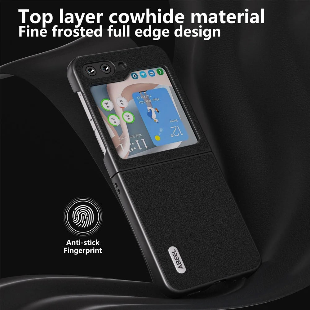 ABEEL For Galaxy Z Flip5 5G Genuine Cow Leather + Hard PC Shell Matte Black Edge Phone Case Cover - Black - 4