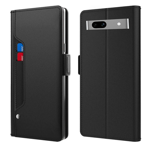 For Google Pixel 7a Phone Stand Case Card Holder Leather Phone Cover with Mirror Design - Black - 1