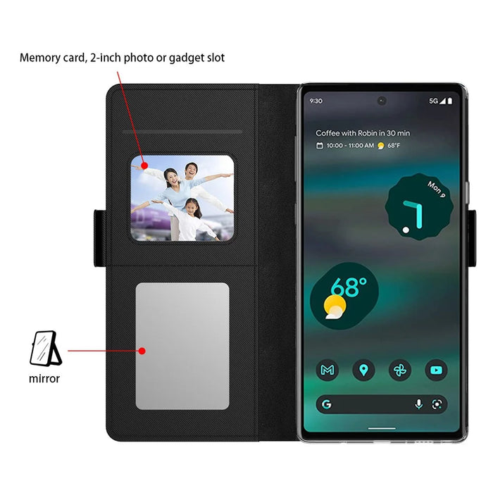 For Google Pixel 7a Phone Stand Case Card Holder Leather Phone Cover with Mirror Design - Black - 3