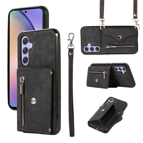 For Samsung Galaxy A54 5G RFID Blocking Mobile Phone Cover Card Bag Kickstand PU Leather Coated TPU Cover - Black - 1