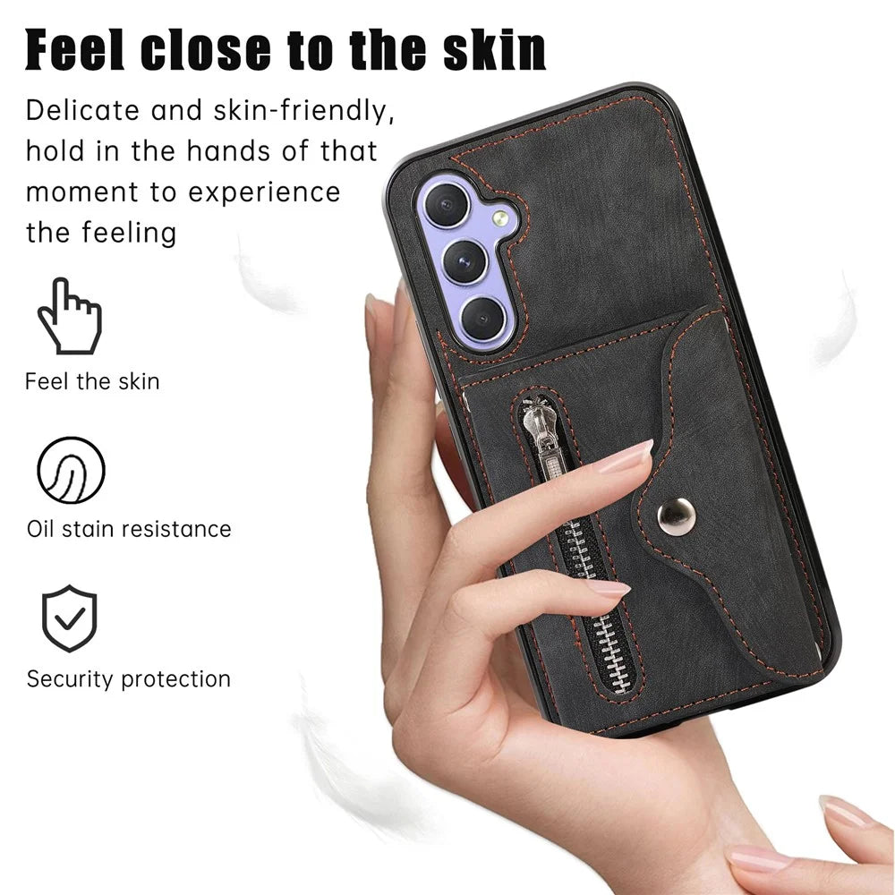 For Samsung Galaxy A54 5G RFID Blocking Mobile Phone Cover Card Bag Kickstand PU Leather Coated TPU Cover - Black - 5