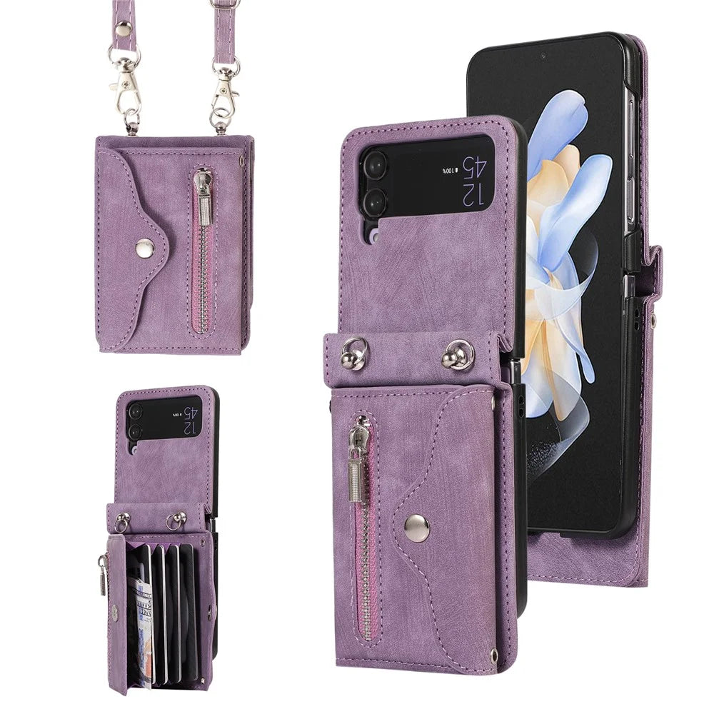 Phone Case for Samsung Galaxy Z Flip3 5G RFID Blocking Card Bag PU Leather+TPU Cover with Kickstand - Purple - 1