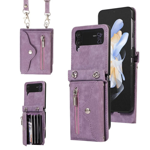 Phone Case for Samsung Galaxy Z Flip3 5G RFID Blocking Card Bag PU Leather+TPU Cover with Kickstand - Purple - 1