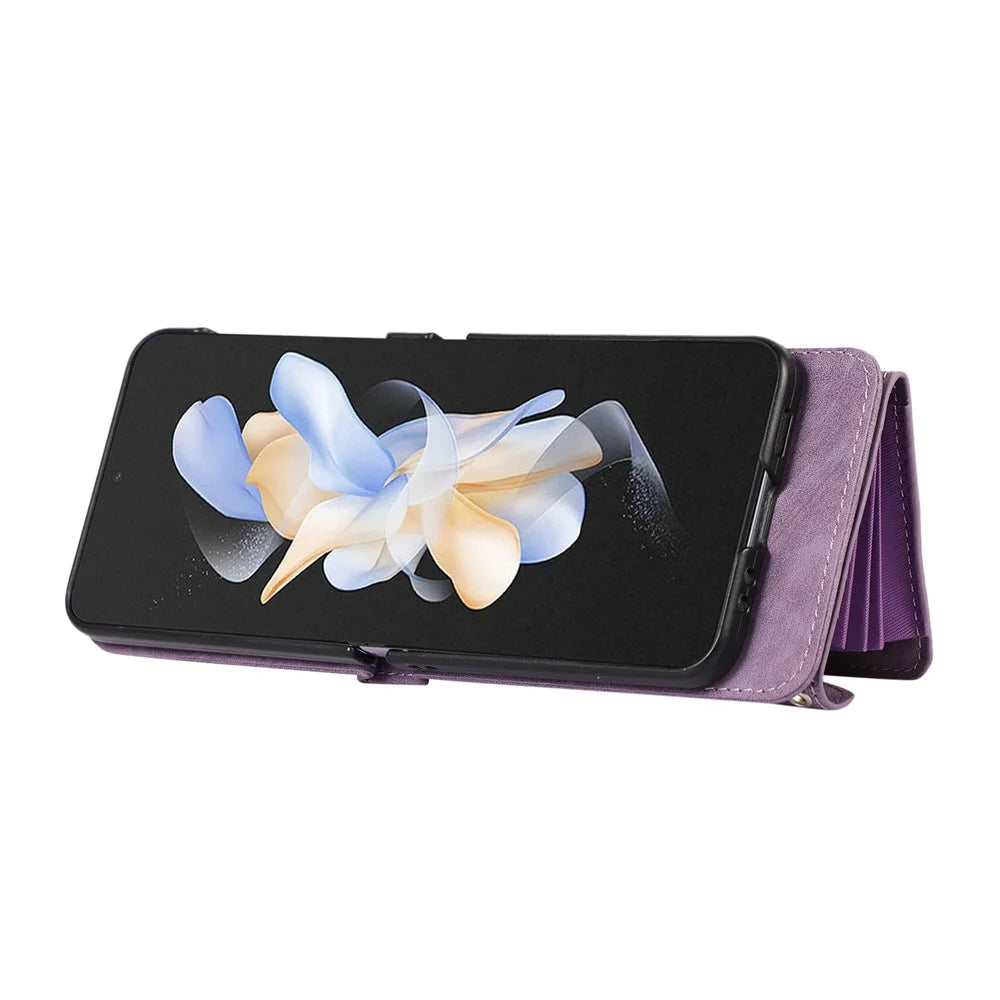 Phone Case for Samsung Galaxy Z Flip3 5G RFID Blocking Card Bag PU Leather+TPU Cover with Kickstand - Purple - 2
