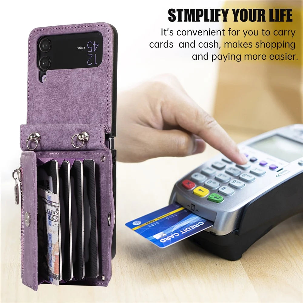Phone Case for Samsung Galaxy Z Flip3 5G RFID Blocking Card Bag PU Leather+TPU Cover with Kickstand - Purple - 3